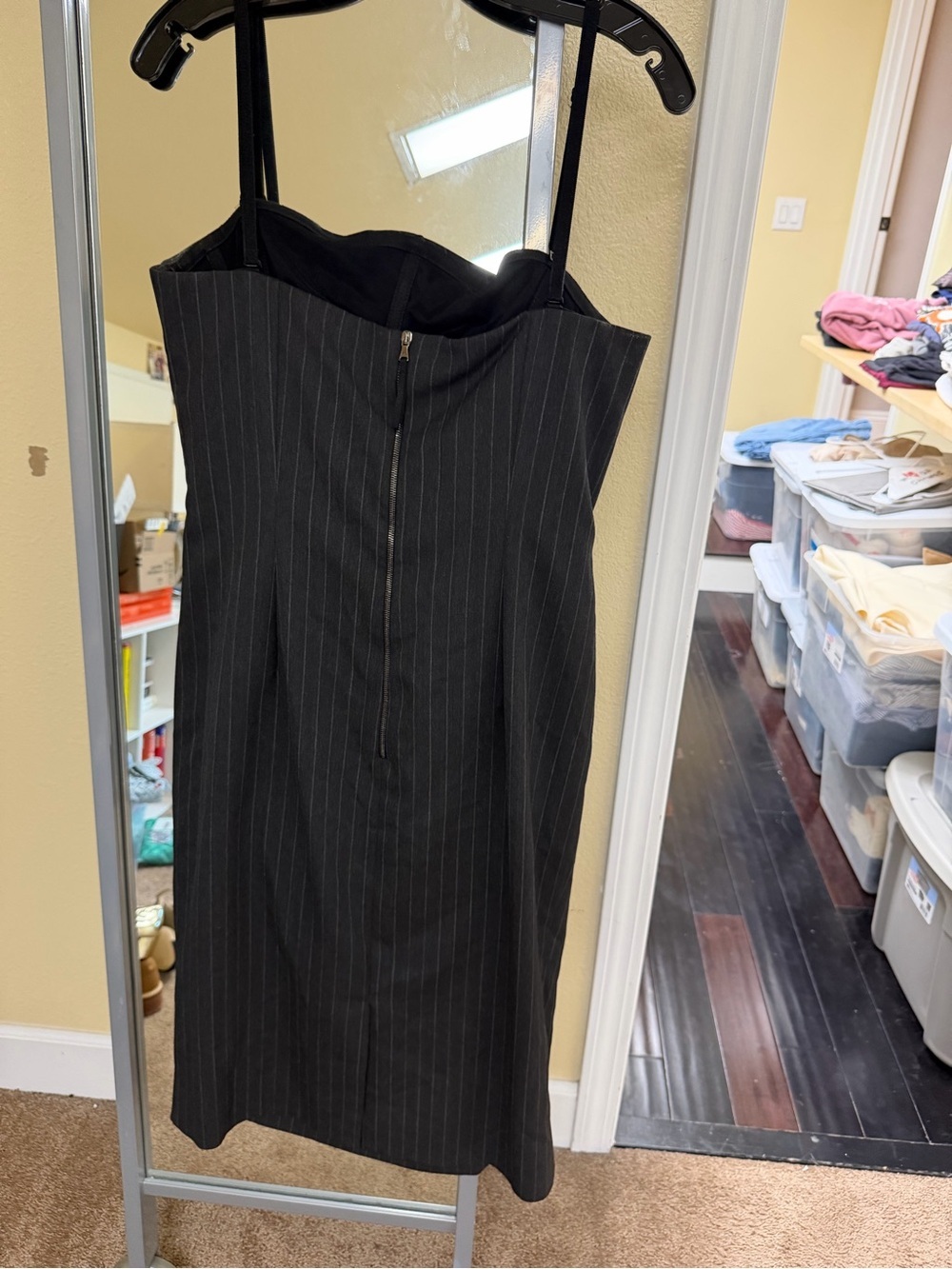 Dolce & Gabbana Black Pinstripe Draped Strapless-Style Midi Dress - Picture 3 of 6